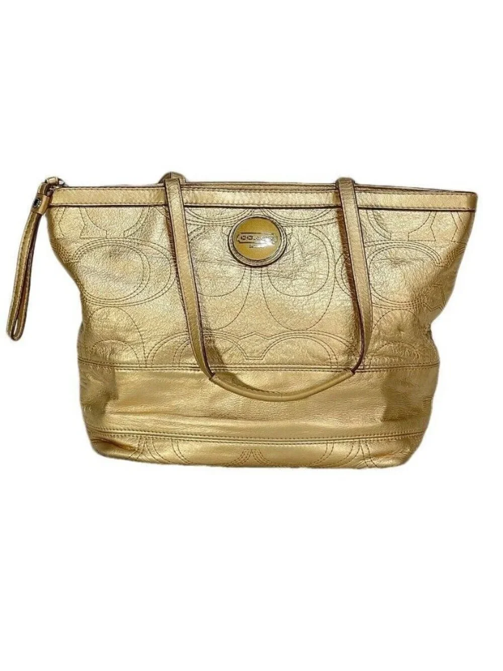 Gold COACH Signature Metallic Tote Bag With Logo & Zip Closure
